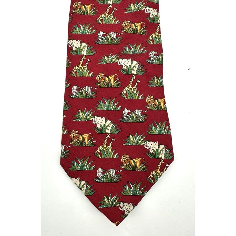 SALVATORE FERRAGAMO tie giraffe elephant zebra red made in italy 100% silk
